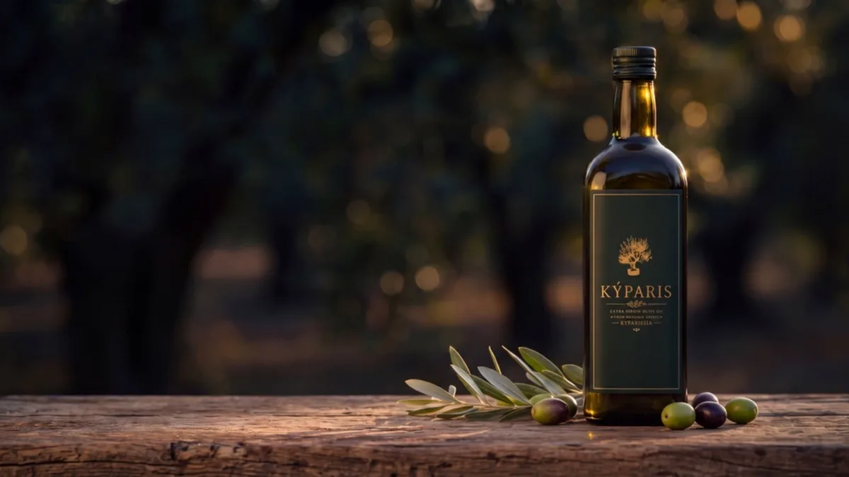 Κινηματογραφική απεικόνιση: η φιάλη KÝPARIS όρθια σε παλαιωμένο ξύλινο πάγκο, με ελιές και κλαδί ελιάς, μπροστά σε σκοτεινό ελαιώνα στο χρυσό φως του δειλινού
